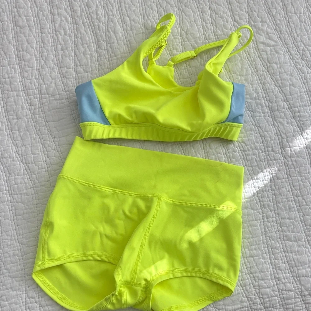 Neon Yellow and Blue Dance Bra and Shorts Set - Picture 1 of 4